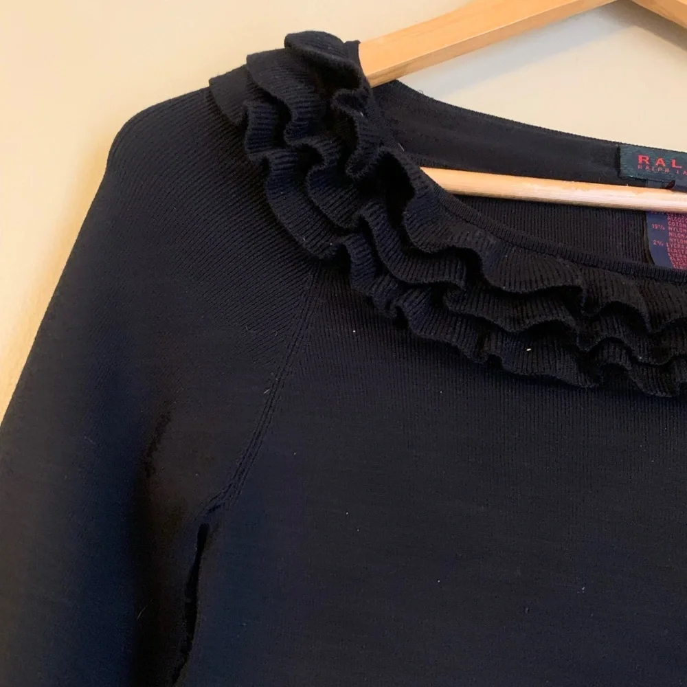 Ralph Ralph Lauren Black Ruffle Collar Scoop Neck 3/4 Sleeve Silk Blend Sweater